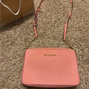 Michael Kors Jet Set Large Saffiano Leather Crossbody Bag in Coral